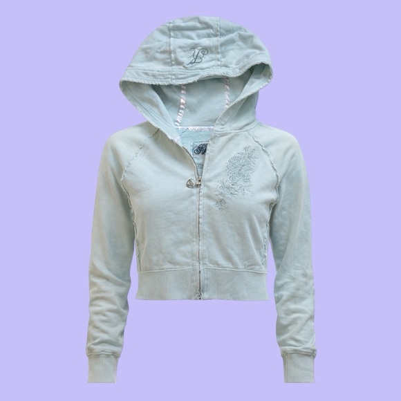 Kismet Early 2000s Y2K Baby Blue Cropped Hooded Zip-Up Jacket - Picture 3 of 11